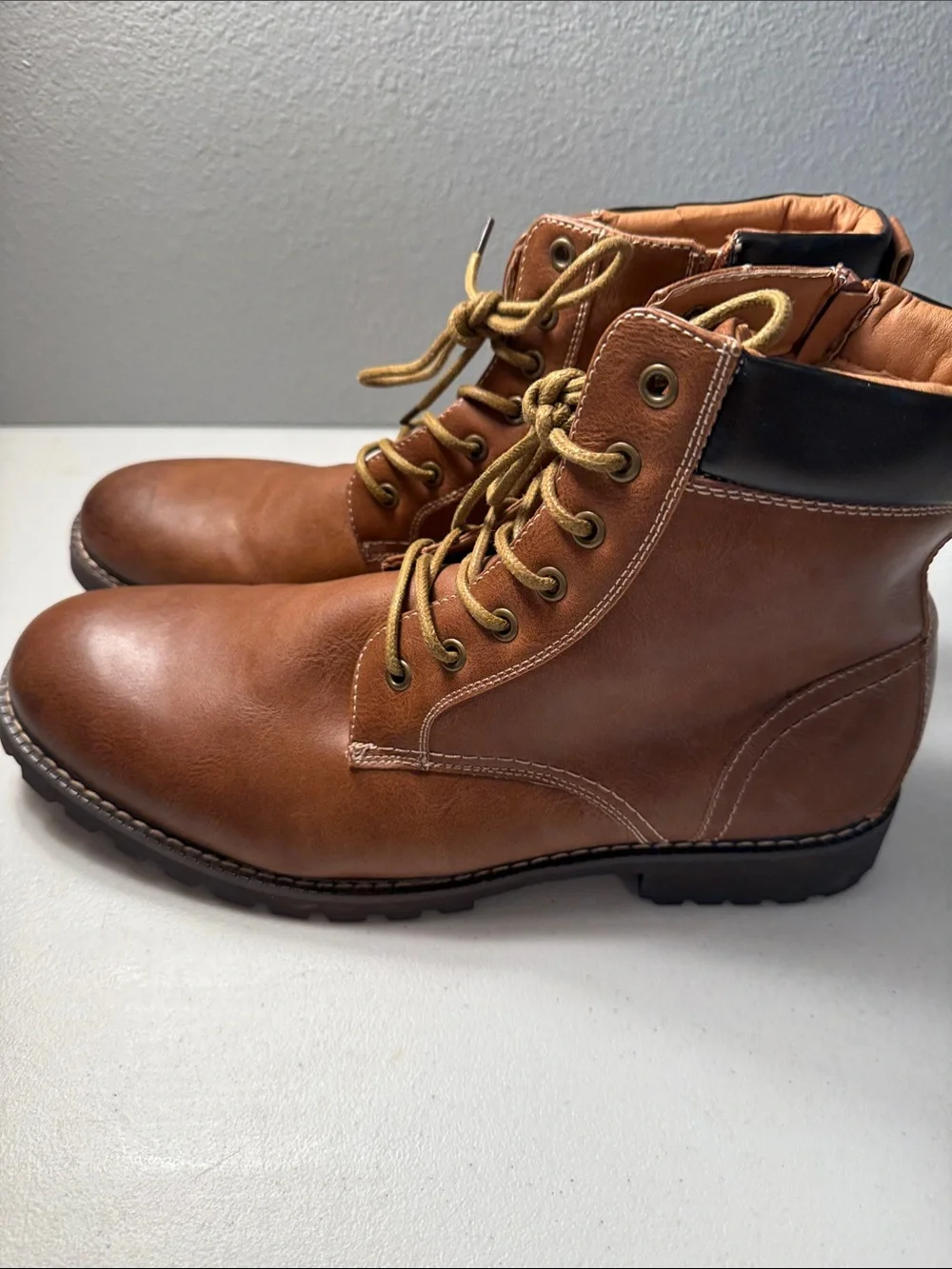 Men's Tan Lace-Up Faux Leather Boots with Fur Lining
